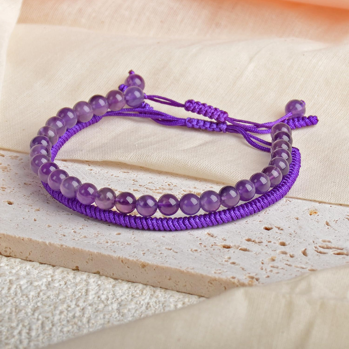 LPBeads 6mm Purple Amethyst Bracelet with Handmade Rope Bracelet Size Adjustable Natural Stone Crystal Healing Bracelets Gifts for Unisex Adults