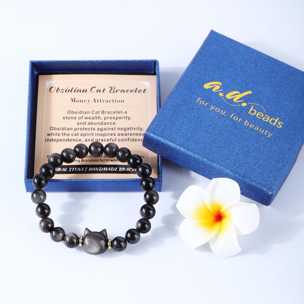 AD Beads 8mm Handmade Obsidian Cat Bracelet Elastic Bracelet – Natural Gemstone for Money Attraction – Meditation, Yoga, Healing and Energy Gift for Men Women