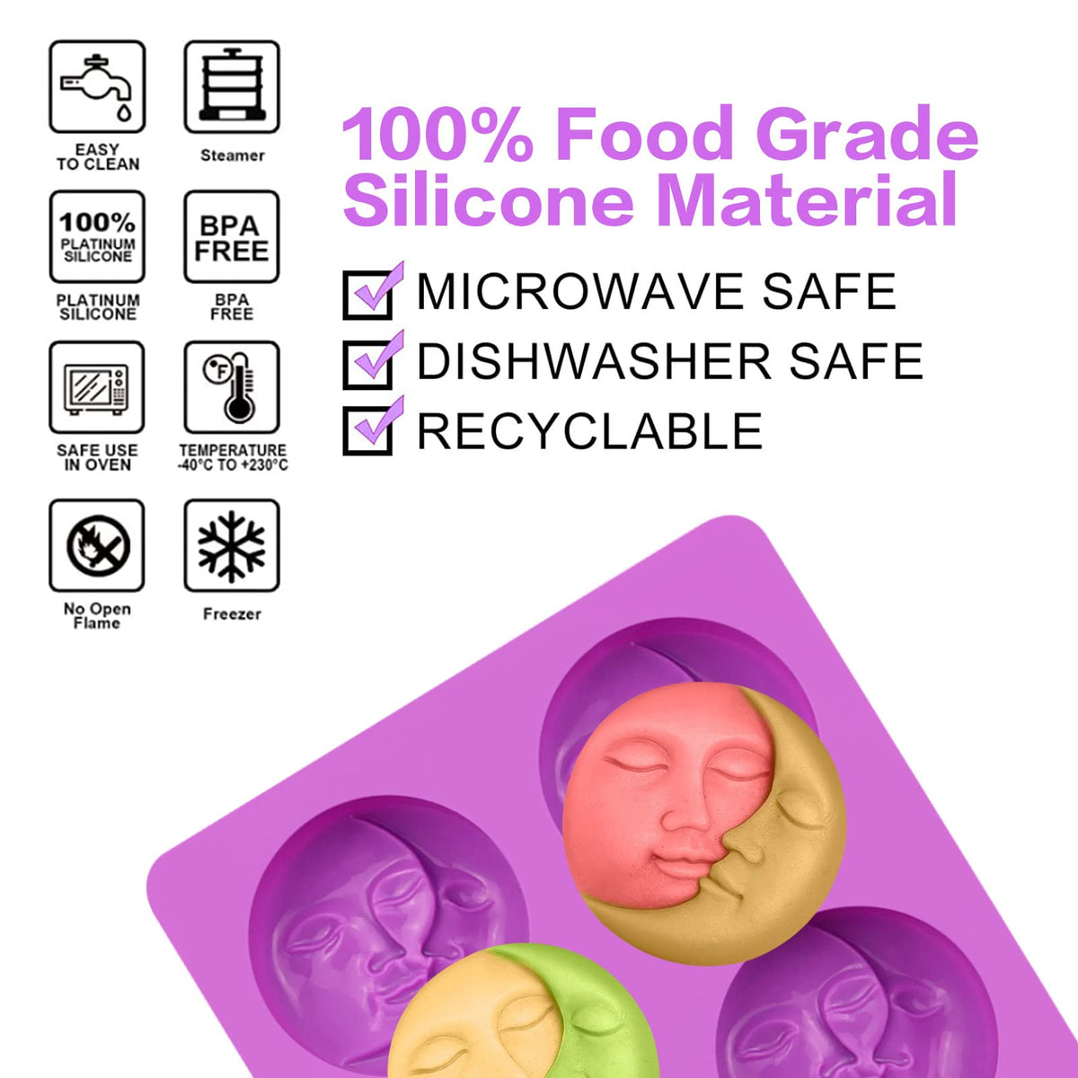 Silicone Soap Molds, different Cavities Soap Mold with Different Shapes, Perfect for Soap Making, Handmade Cake Chocolate Desserts Biscuit Pudding Teacake Jelly （2 Pack - Moon Face）