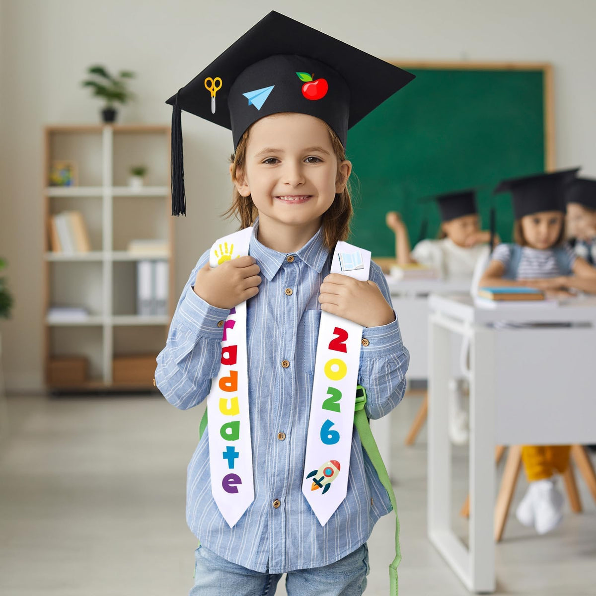 6 Pcs 2026 Preschool Kindergarten Graduation Cap Stole Iron on Letter Set Unisex Cap and Graduation Sash Sublimation Blank Stole Graduation Gifts for Kids Iron on Letters for DIY Craft
