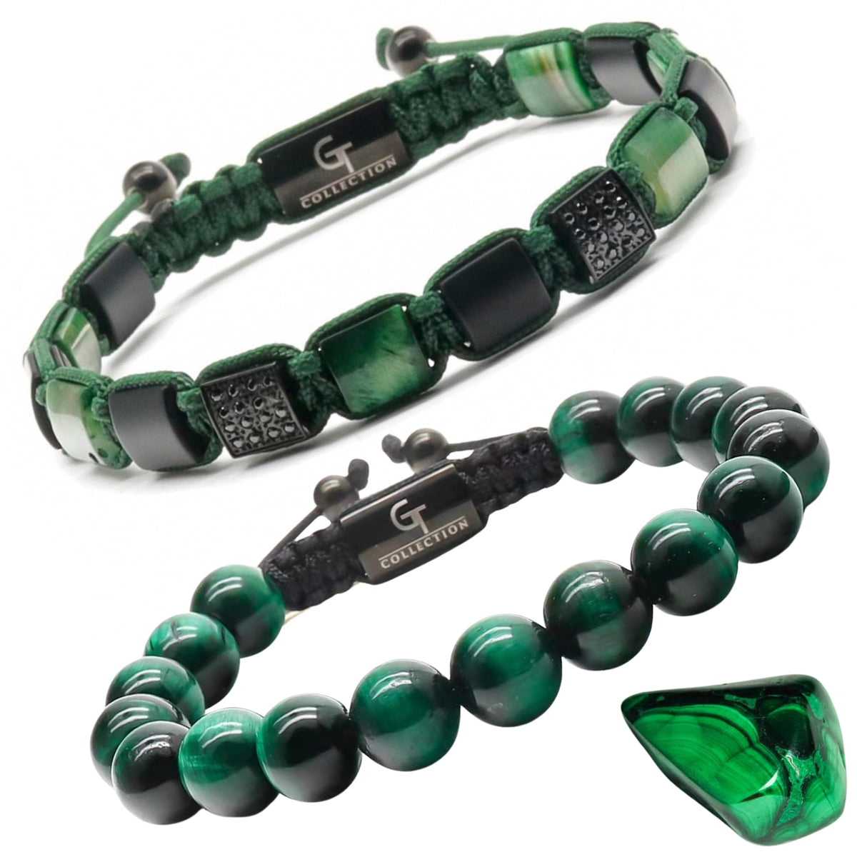 2 PIECE SET - Men's Beaded Bracelet And Flatbead Bracelet | Gift for Men | One Size Fits All | Used for Its Grounding Effects | 100% Natural | Adjustable Bracelet for Men with Gemstones (Green)