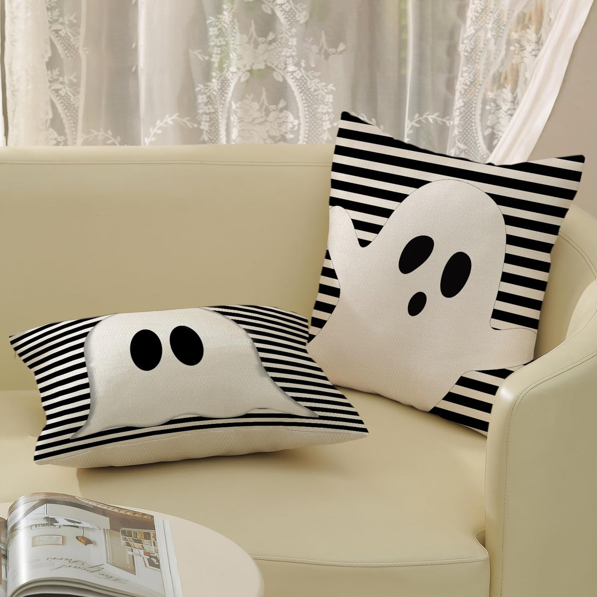 DAFENA Halloween Pillow Covers 18x18 Inch 2 Pcs Black Striped Cream Cute Spooky Ghost Fall Decor Throw Pillows Autumn Outdoor Seasonal Decoration Pillowcase Linen Cushion Cover for Couch Sofa