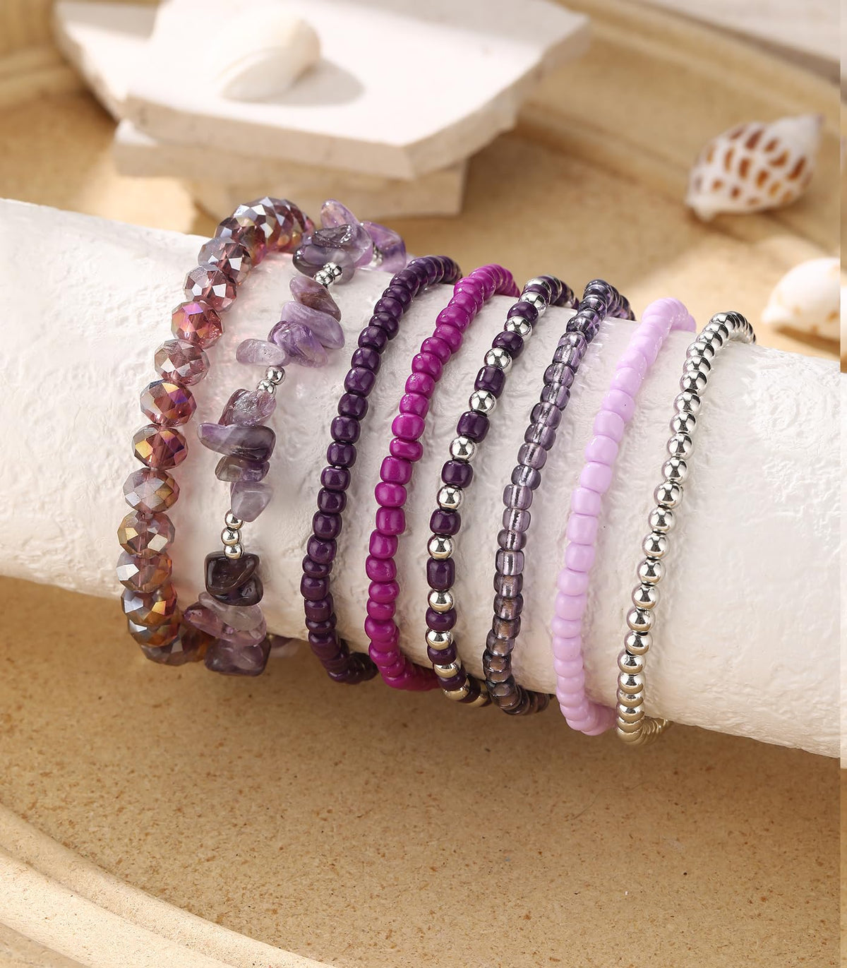 Noessla Boho Beaded Bracelets for Women Stackable Irregular Natural Stone Bead Stretch Bracelet Set 8PCS Costume Jewelry Gifts for Her(Purple)