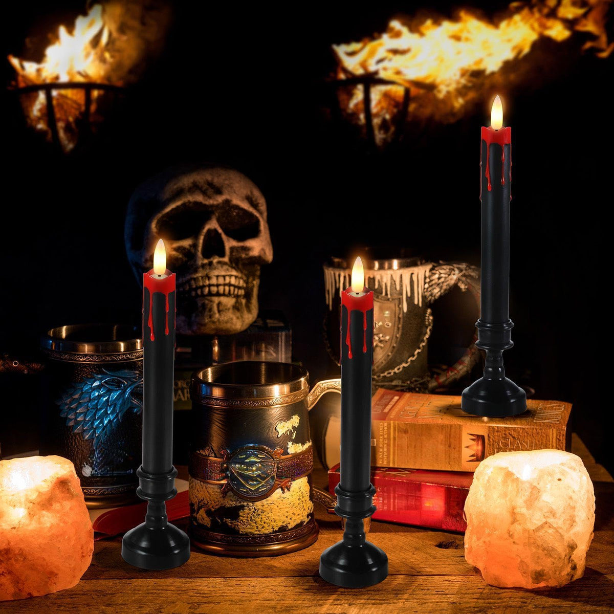 Sratte 12 Sets Halloween Blood Dripping Candle Holder Decoration LED Flameless Candlestick with Remote Battery Operate Vampire Tears Spooky Scary Creepy Decor for Indoor Home(Black Holder)