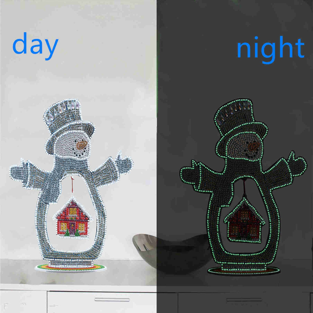 YEESAM ART Snow Man and House Tabletop Diamond Art Kits, 3D Crystal Painting Kit Special Shape Drills Rhinestones Desk Top Ornaments 11inch Luminous Table Top Kinetic Art
