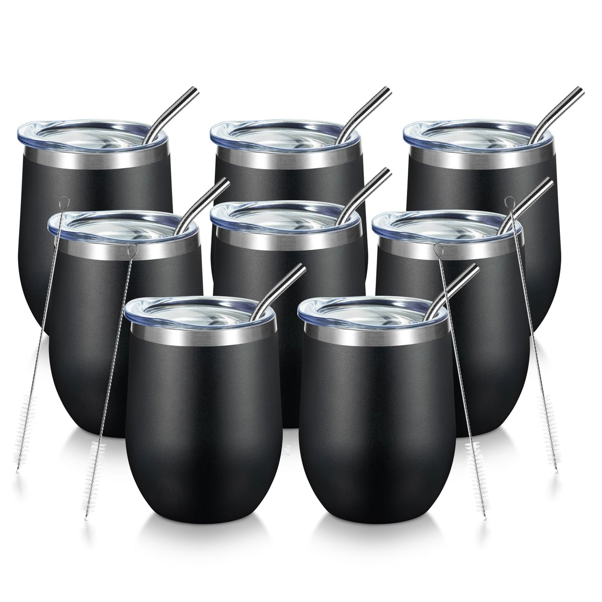 COMOOO 12oz Stainless Steel Drinking Cup - Bulk with Lid and Straw, Double Wall Vacuum Insulated, for Hot and Cold Drinks, Coffee, Cocktails, Black, 8 Pack