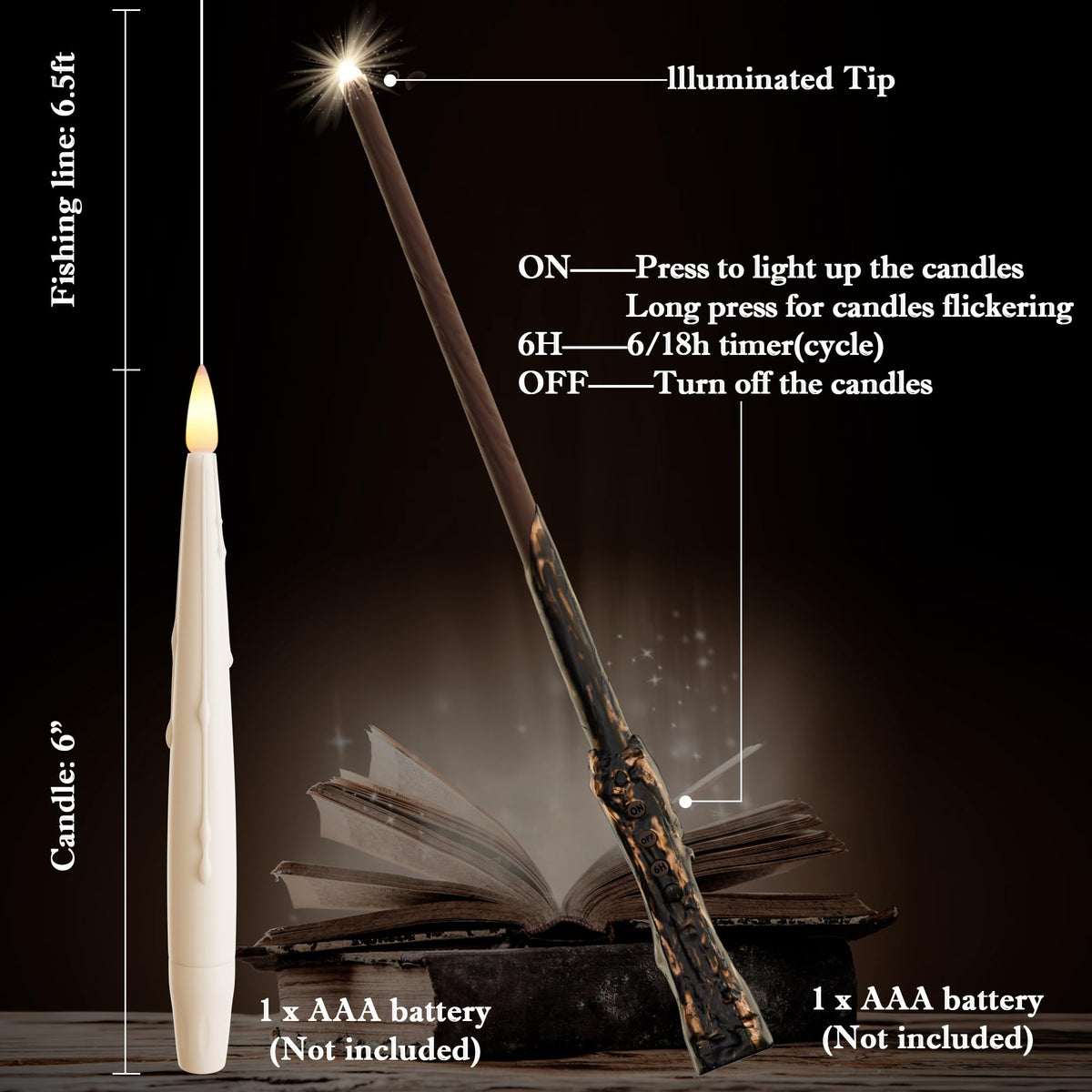 JOIONE Floating Candles with Wand, 12 Pack Hanging Candles with Magic Wand Remote, Battery Powered Floating Candles with Wand, Flameless Magic Hanging Taper Candles for Xmas Halloween Decor, Ivory