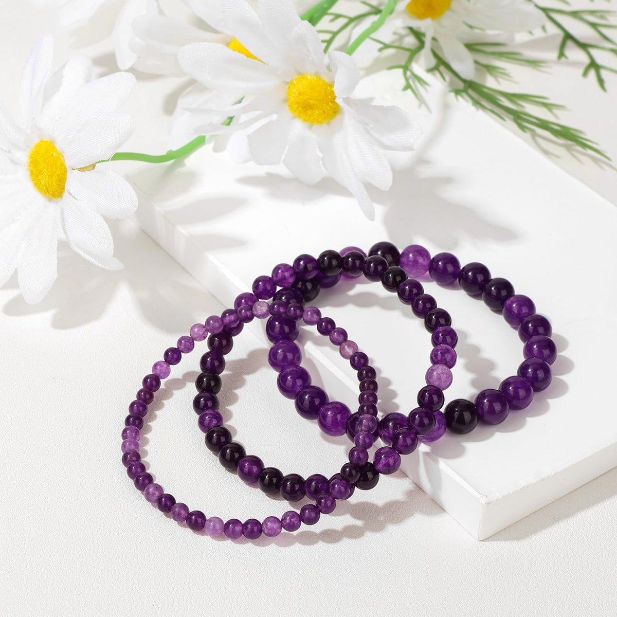 Bolinailo 3Pcs Natural Healing Crystal Bracelets for Women Men, 4mm 6mm 8mm Beaded Stretch Bracelet Set, Amethyst Natural Stone Gemstone Jewelry Gifts for Meditation, Reiki & Yoga