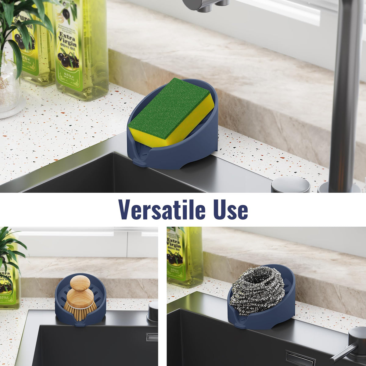 NiHome Silicone Sponge Holder Compatible with Scrub Daddy Mommy Sponges for Kitchen & Bathroom, Auto Draining Organizer, Holds Multiple Sponges & Cleaning Tools, Food-Grade, Dishwasher Safe(Dark Blue)