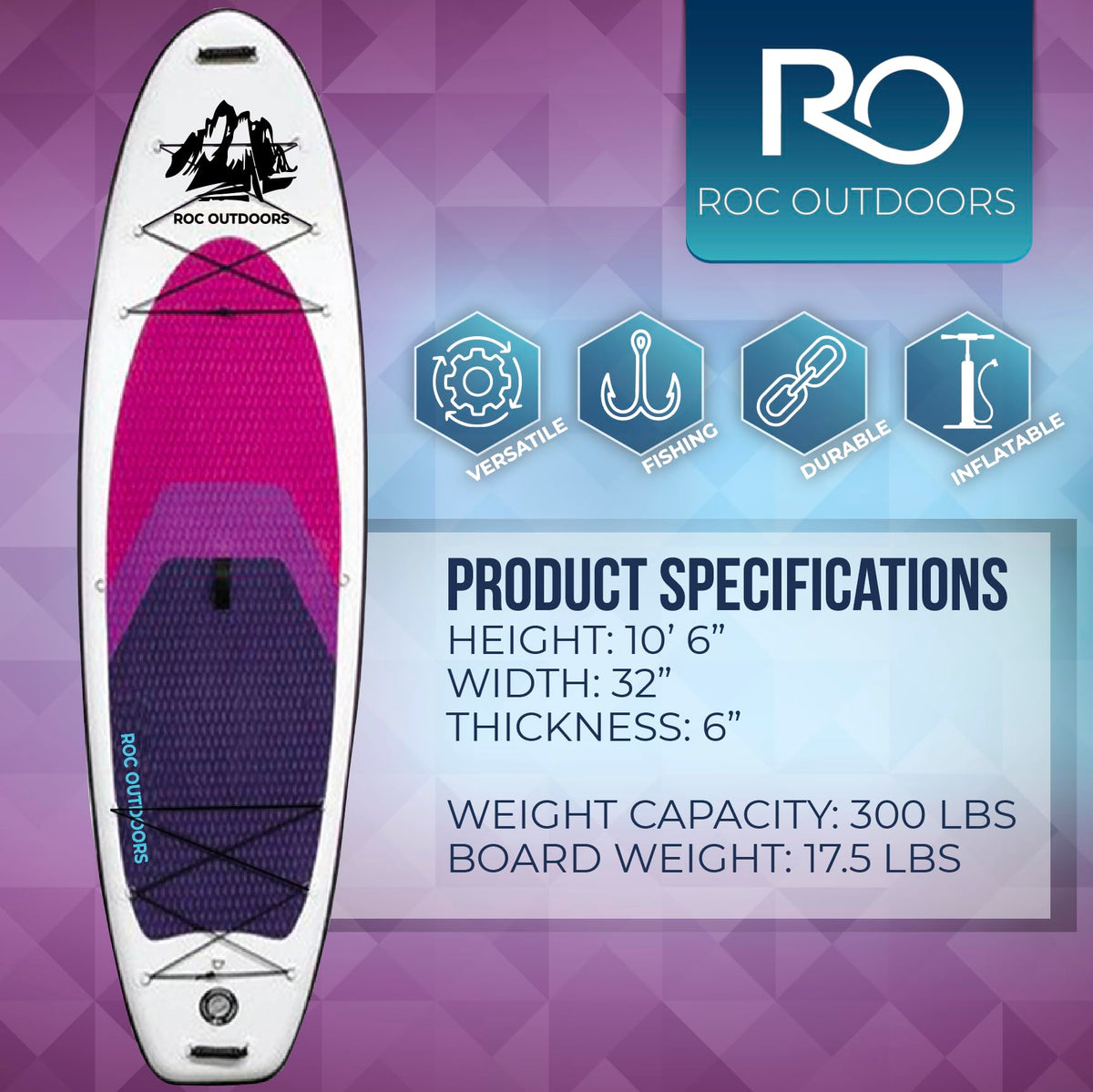Roc Inflatable Stand Up Paddle Board 10' 6" with Premium SUP Paddle Board Accessories, Wide Stable Design, Non-Slip Comfort Deck for Youth & Adults (Violet W/Kayak Seat)