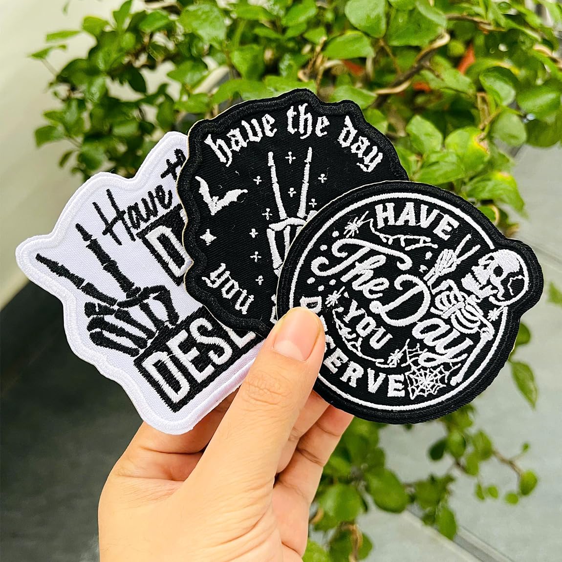 (3Pcs) Have The Day You Deserve Iron-On Embroidered Patch, Black and White Skeleton Design, Set for Jackets, Backpacks, Hats, Vests – 3 Inch