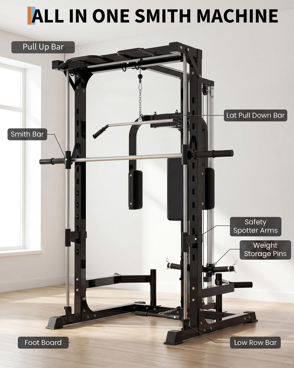 Garvee Smith Machine Home Gym, 1000 LB Power Cage Squat Rack with LAT Pulldown System, Chest Station & More Training Attachment, Multi-Functional Fitness Equipment for Full-Body Training, Black