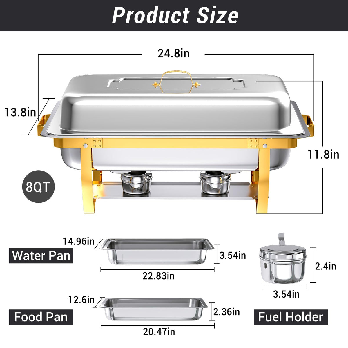 Keyoxy Chafing Dishes for Buffet, 8 Qt High Grade Chafing Dish Buffet Set, Rolled-Edge Design Food Warmers for Parties, Buffet, Wedding, Birthday, Camping 4 Pack 4 Pans [Half Gold]