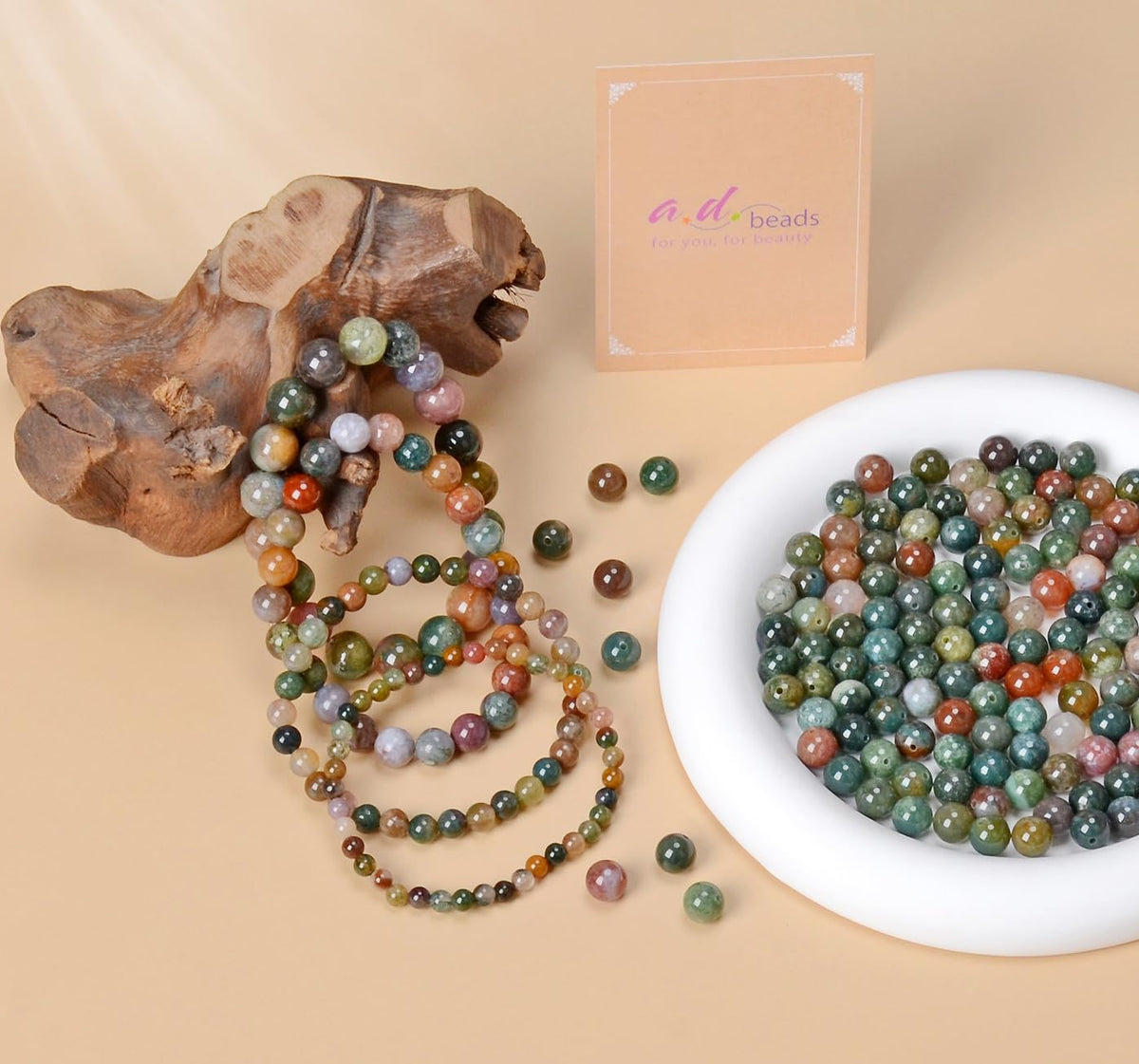AD Beads Handmade Gemstone Stretch Elastic Bracelet Crystal Healing Reiki Nature's Beauty and Spiritual Essence Unisex (4mm, Indian Agate)