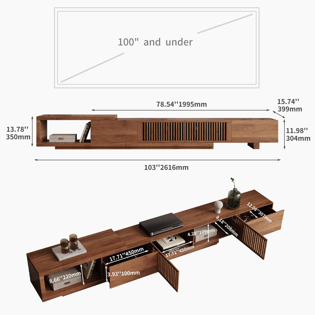 gaoyangjiaju 78.5"-105" Mid-Century Modern Extendable TV Stand, Walnut Media Console with 2 Drawers and 2 Cabinets, Fits TVs up to 100 Inches for Living Room or Bedroom