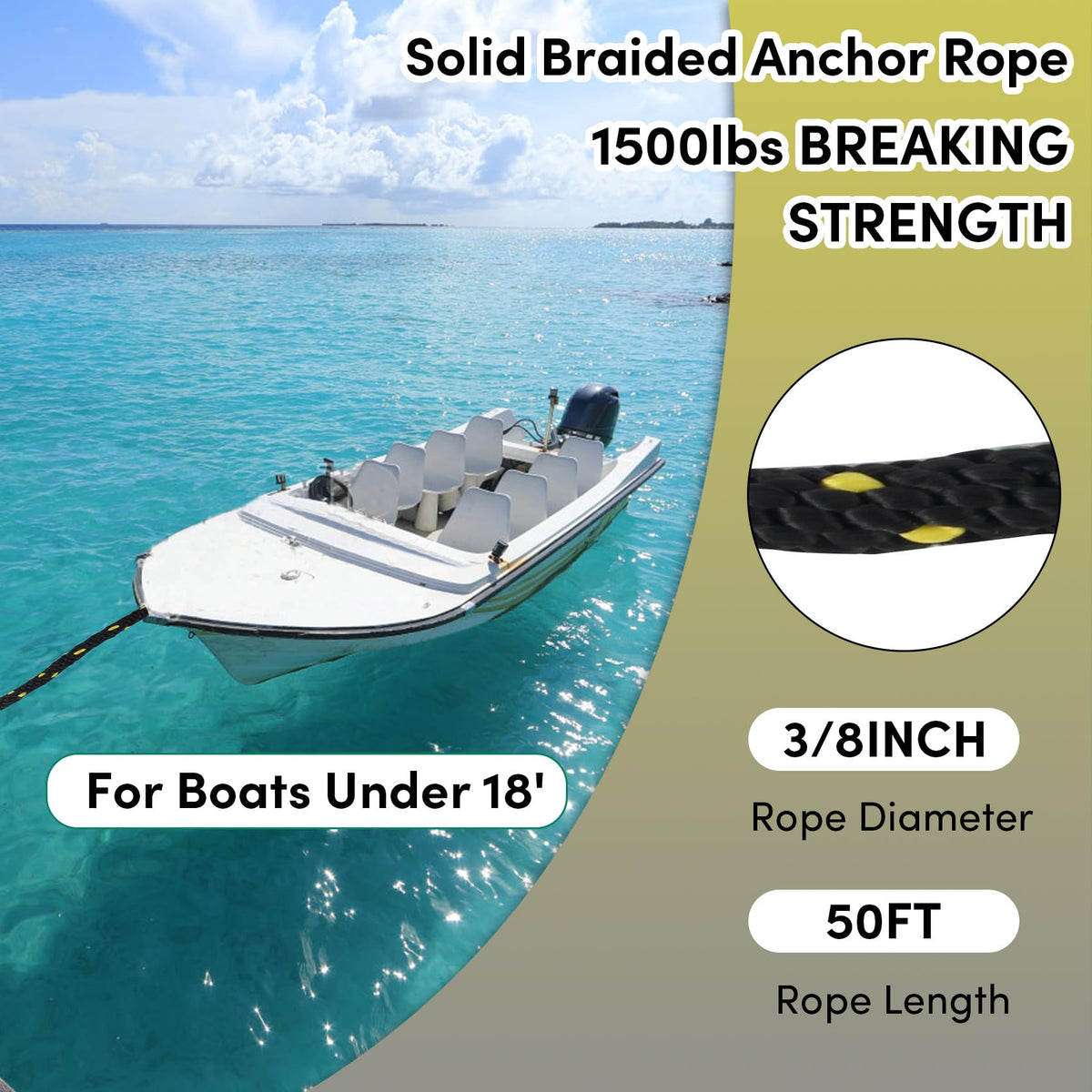 BALAVA Anchor Rope 50FT x 3/8in,Premium Solid MFP Braided Anchor Rope Anchor Line,Boat Anchor Rope with Stainless Steel Thimble & Snap Hook,Boat Rore Marine Rope for Anchors and Boats(Black/Yellow)