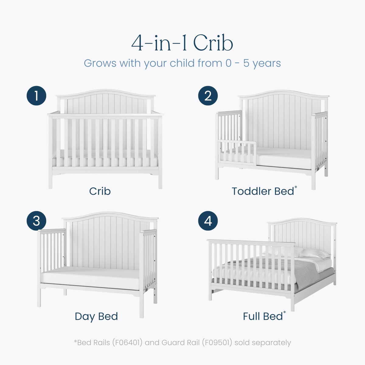 Child Craft Hampton Arch 4-in-1 Convertible Crib, Baby Crib Converts to Day Bed, Toddler Bed and Full Size Bed, 3 Adjustable Mattress Positions, Non-Toxic, Baby Safe Finish (Matte White)