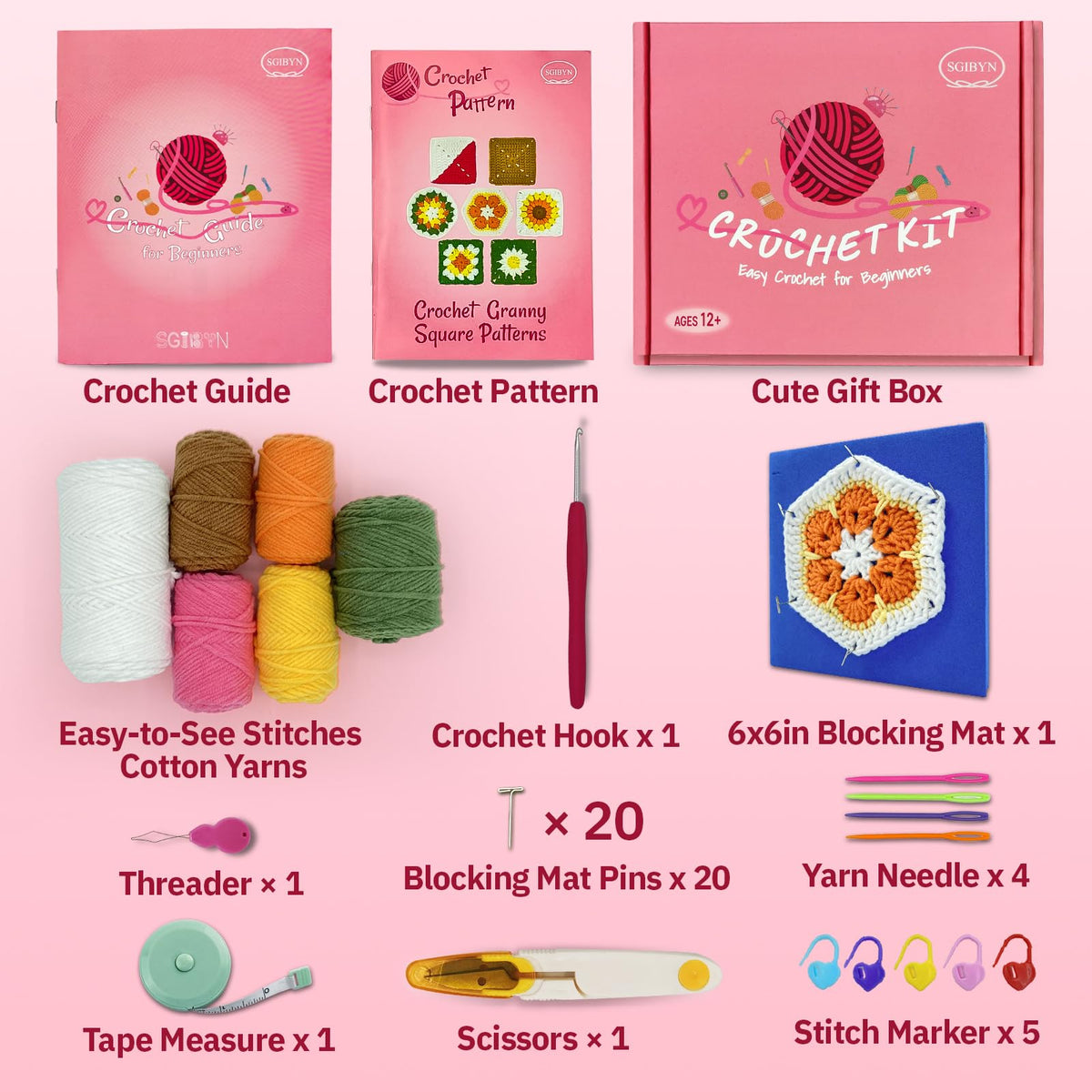 Crochet Granny Square Kit & Blocking Board Bundle