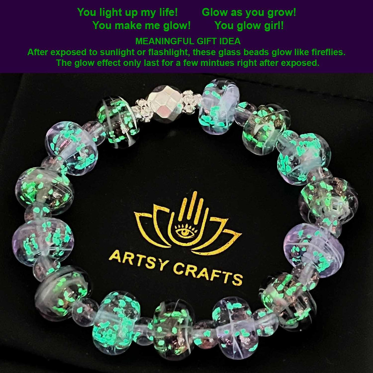 ARTSY Crafts Glow in The Dark Firefly Beads Bracelet, Handmade in USA, Colorful Donut Shaped Luminous Murano Glass Beads Jewelry Mermaid Crystals Inspirational Gift (Lavender + Violet)