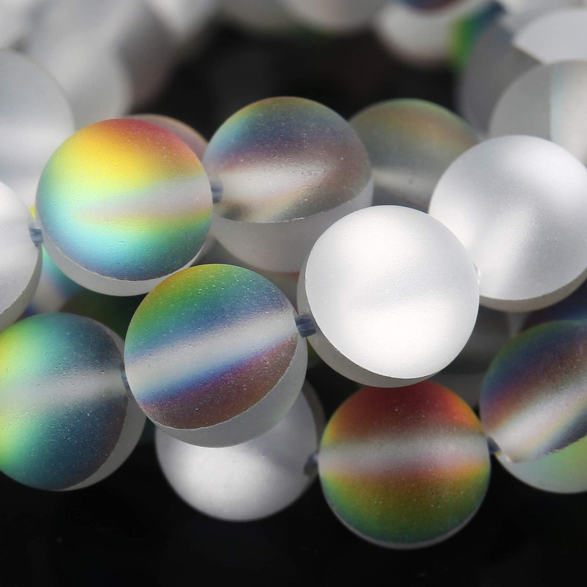 Matte Vitrail Medium Aurora Crystal Glass Beads, 8MM Frosted Glitter Shining Mermaid Round Loose Beads, Rainbow Holographic Synthetic Moonstone for Jewelry Making DIY Bracelet