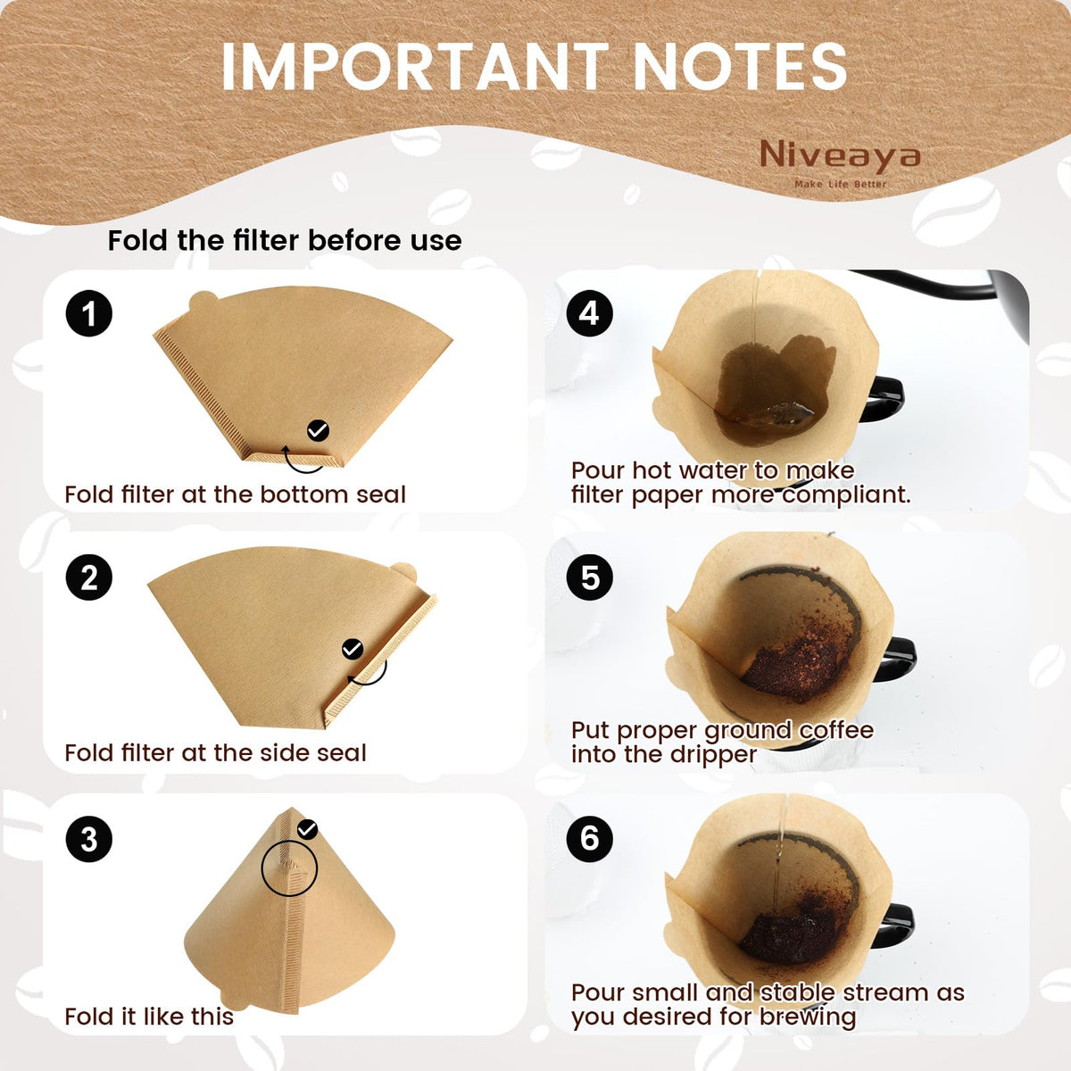 Niveaya Coffee Filters 300 Count, Cone Coffee Filter #4, Natural Paper Coffee Filter 8-12Cup (natural brown-300pcs, 04)