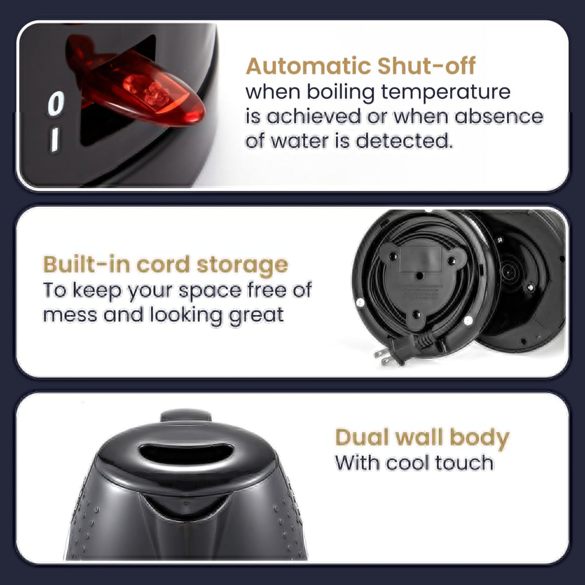 Elite Gourmet EKT5051 1.7L Electric Water Kettle, BPA-Free, Fast Boil, Auto Shut-Off, Boil-dry Protection, 360° Swivel Base with Cordless Serving, Clear-view Window with Water Level Markings, Black