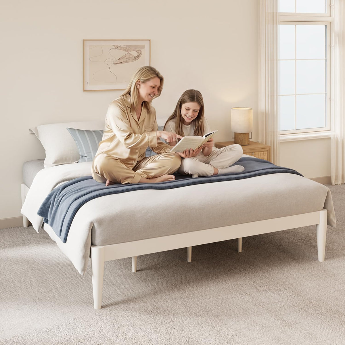IOTXY Twin Platform Bed Frame - Solid Wood 16-Inch Height Mattress Foundation Base with Densely Slats and Heavy-Duty Support Legs, No Box Spring Needed, White