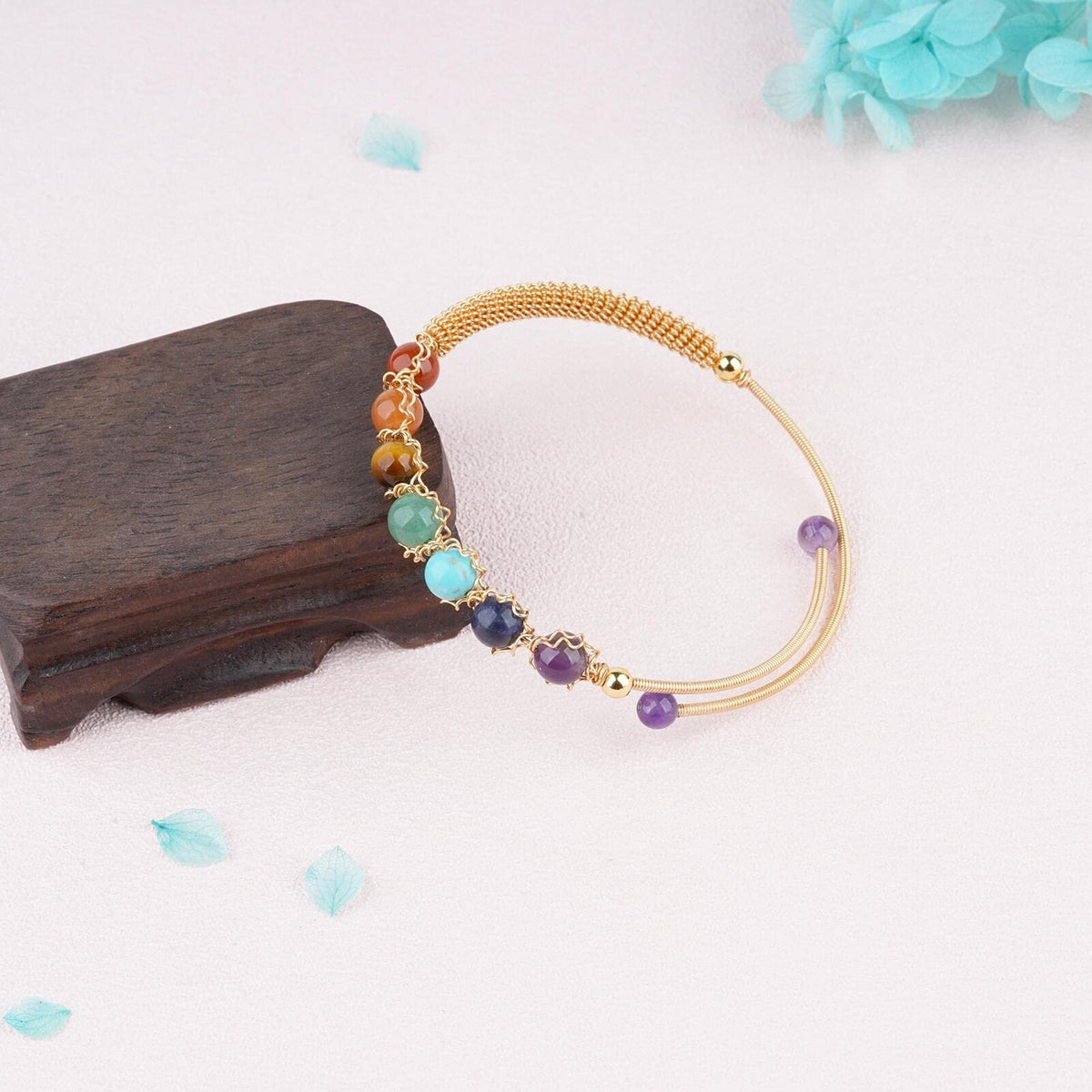 ASGIFT 7 Chakra Bracelet Adjustable 14K Gold Wire Wrapped 6.5mm Beads Bracelet Natural Crystal Yoga Meditation Bracelet Jewelrys for Women