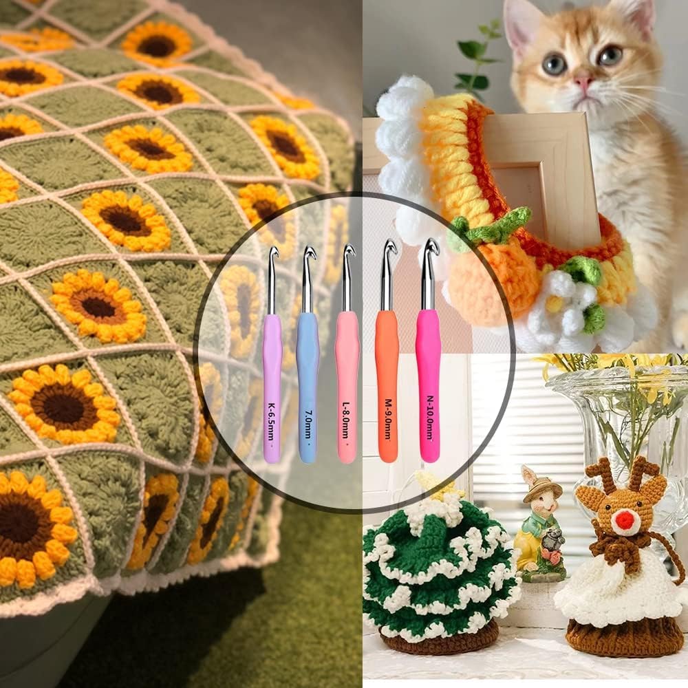 Yarniss Large Ergonomic Crochet Hooks Set 6.5mm 7.0mm 8.0mm 9.0mm 10.0mm and Blocking Mats for Knitting&Crochet Project, Thickened Blocking Board with Grid Line&T-Pins