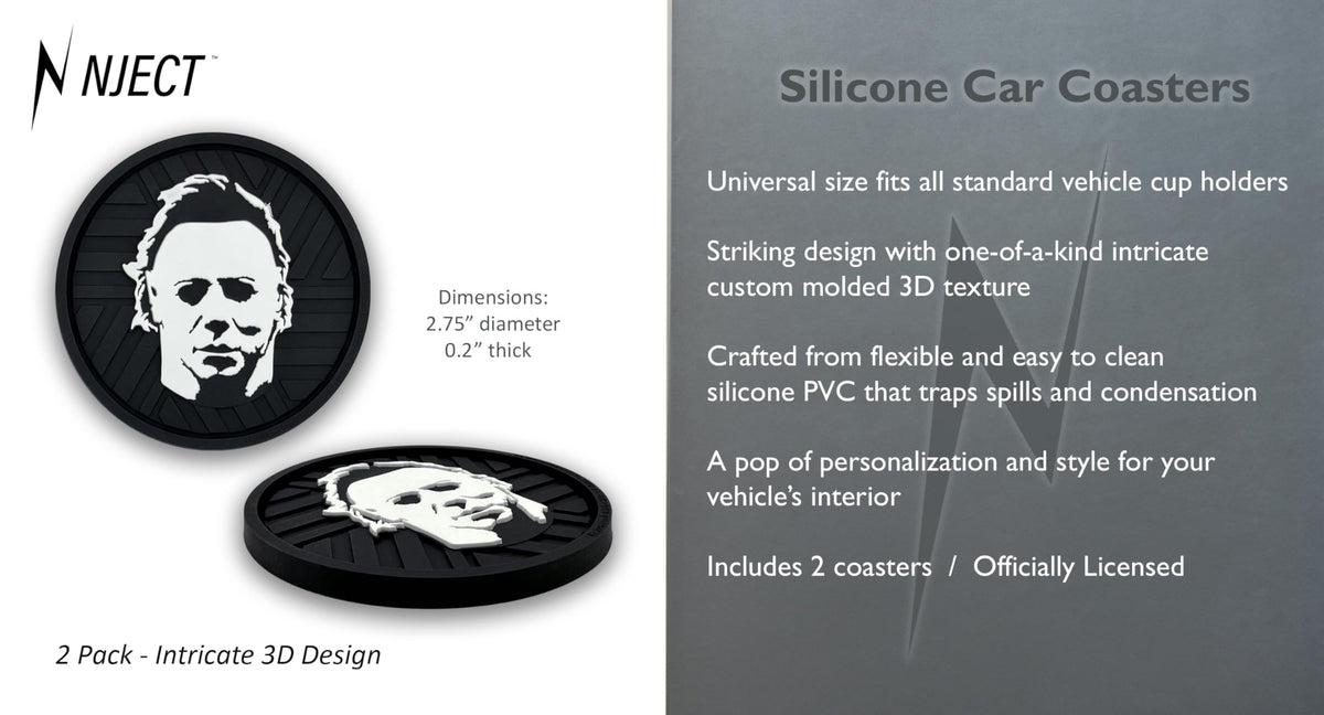 NJECT Officially Licensed Michael Myers Halloween Automotive 3D Textured Silicone Coasters (2.6" Diameter) | Universal Fit for All Cars, Trucks, SUVs & More | Non-Slip Durable | Set of 2