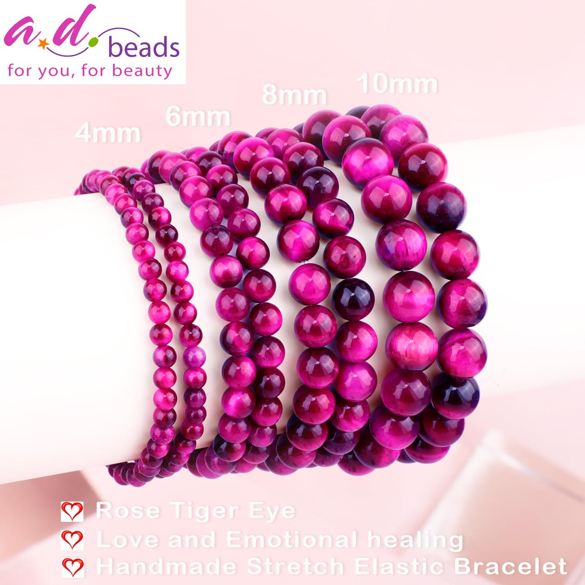AD Beads 6mm Handmade Rose Tiger Eye Elastic Bracelet – Natural Gemstone for Love,emotional healing. – Meditation, Yoga, Healing and Energy Gift for Men Women