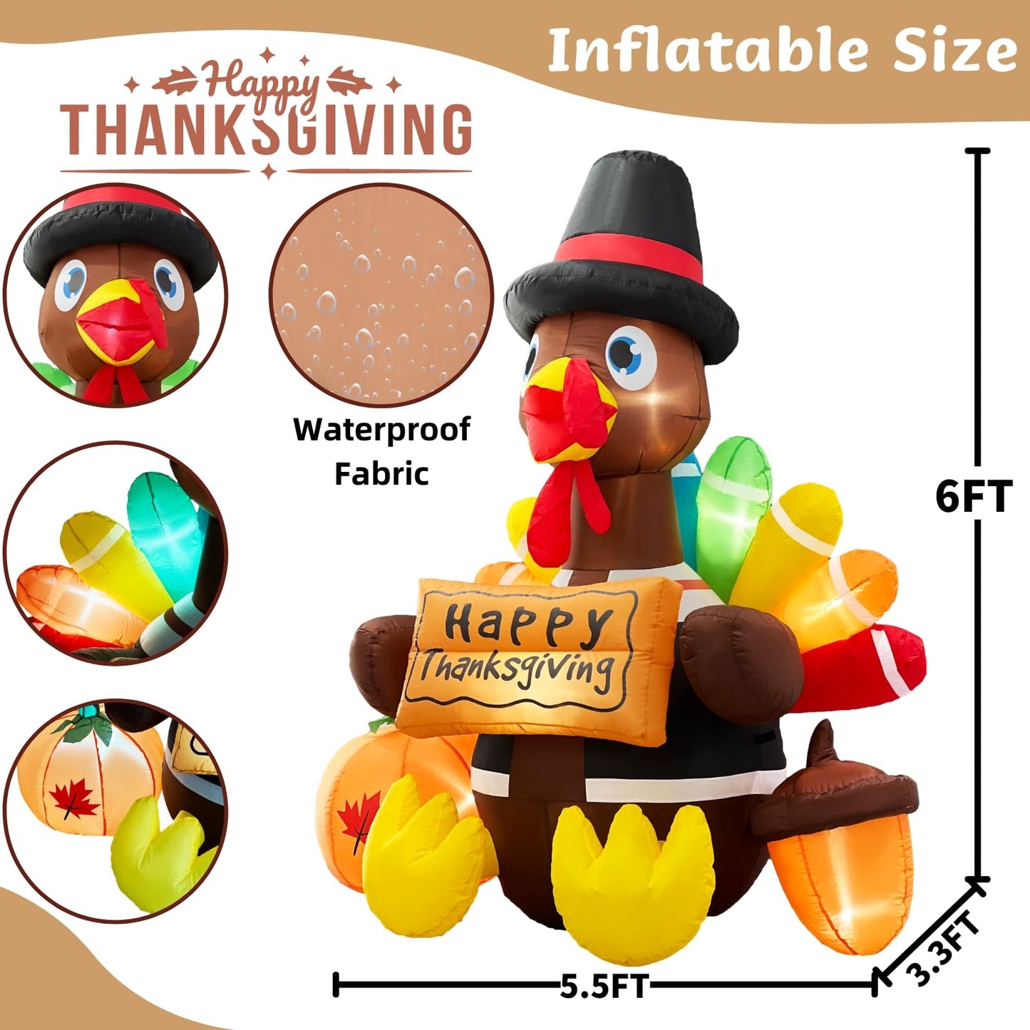 Wabolay Inflatable Turkey Lawn Decoration Thanksgiving Inflatables Outdoor Yard Decorations 6ft Giant Blow Up Turkey with Pilgrim Hat Led Light for Happy Fall Holiday Indoor Outside Autumn Décor