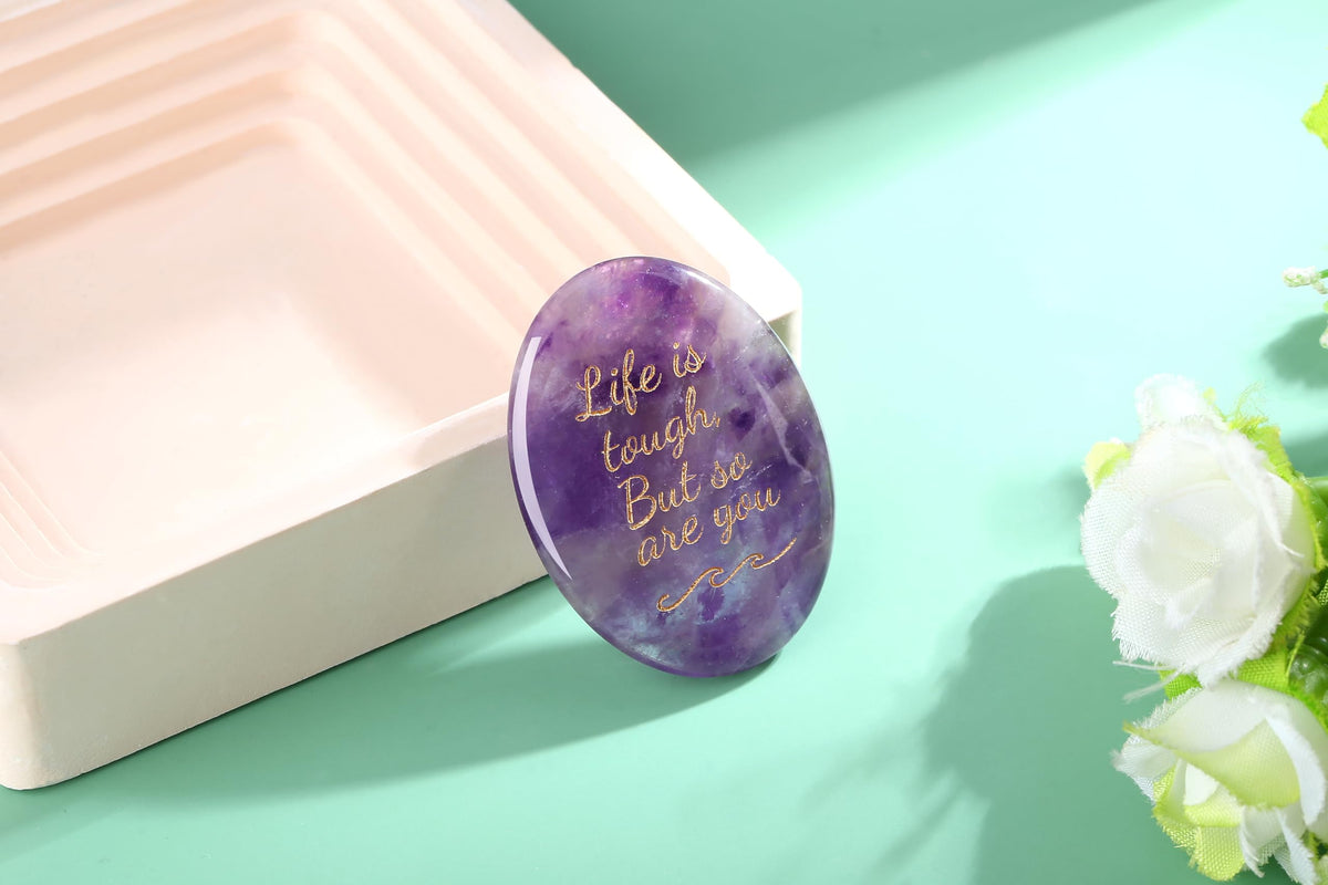 NUKAYAI Inspirational Gifts Worry Stone Amethyst Crystal Crystals and Healing Stones Oval Natural Meditation Accessories Gemstones Trinkets Pocket Stress Relief Anxiety Relief Items Gifts for Women