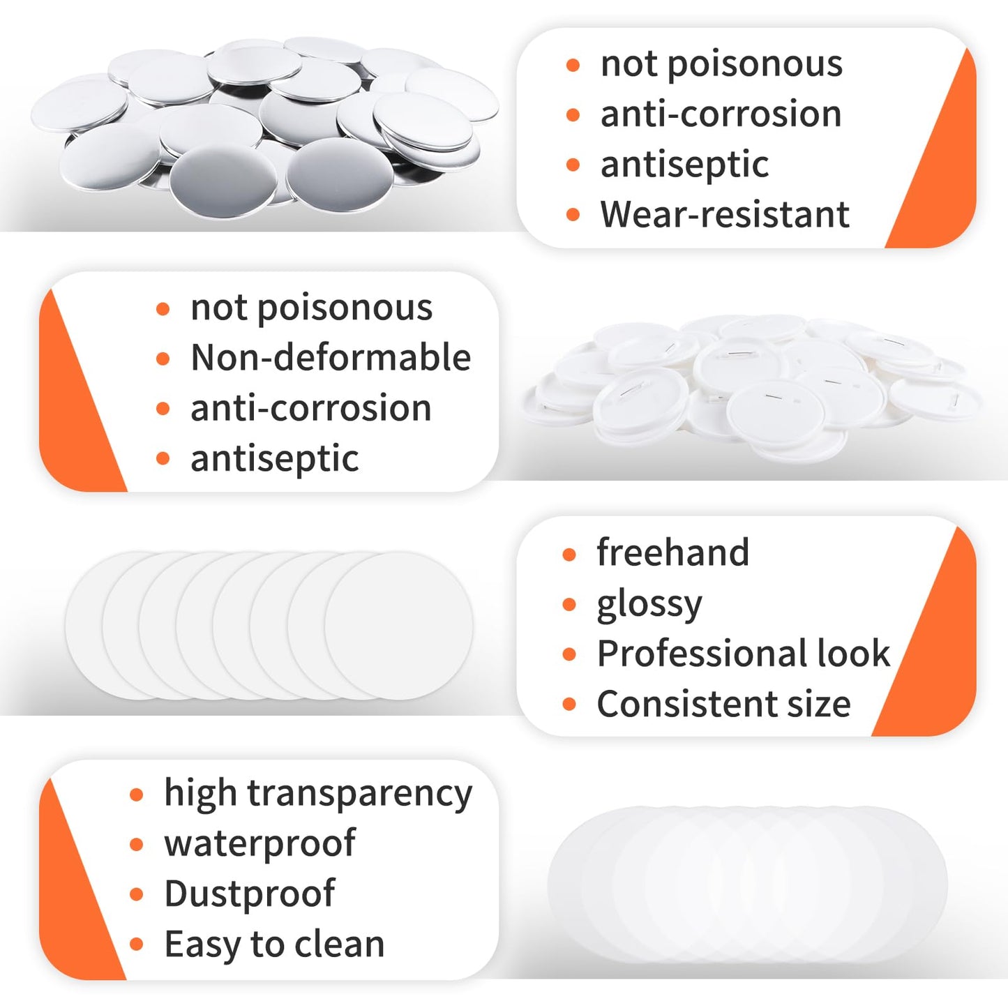 100 Sets 75mm/3inch Button Making Supplies, Pin Back Button Parts for Badge Maker Machine, Including Plastic Badge Pin Back Cover, Metal Covers,Blank Paper and Clear Plastic Film