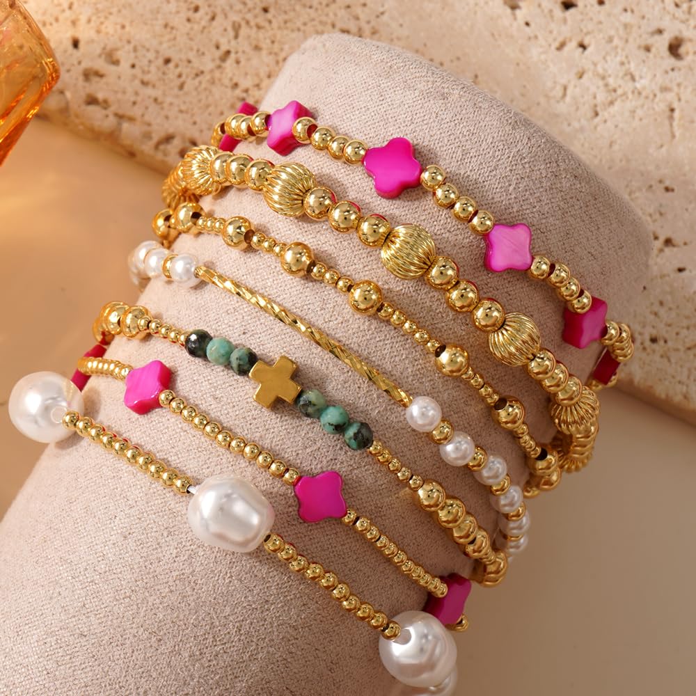 SHINUS BOHO 14K Gold Beaded Pink Clover Stackable Bracelets for Women,7PCS/Set Boho Cross Pearl Beads Stretch Bracelet Stack Fashion Holiday Birthday Prom Jewelry Accessories Gift Friendship Sister