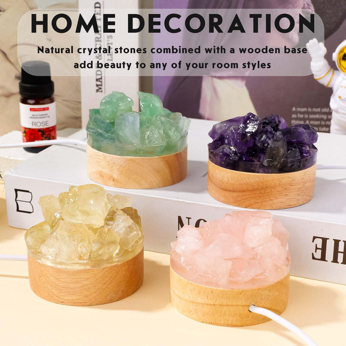Runyangshi Rose Quartz Night Light with Natural Raw Crystal - USB Pink Glow Mini Lamp for Bedroom, Self-Love, Meditation, Healing Crystal Decor with Wood Base, Gift for Her