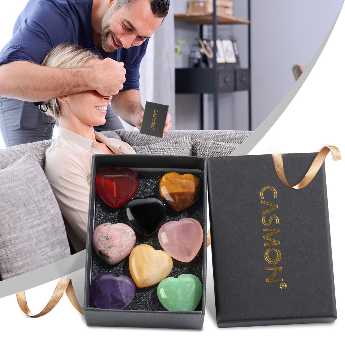 CASMON 8 Pcs Natural Mix Heart Love Stones (1 Inches), Puff Hearts Healing Palm Crystal Set with Gift Box for Chakra Reiki Home Décor