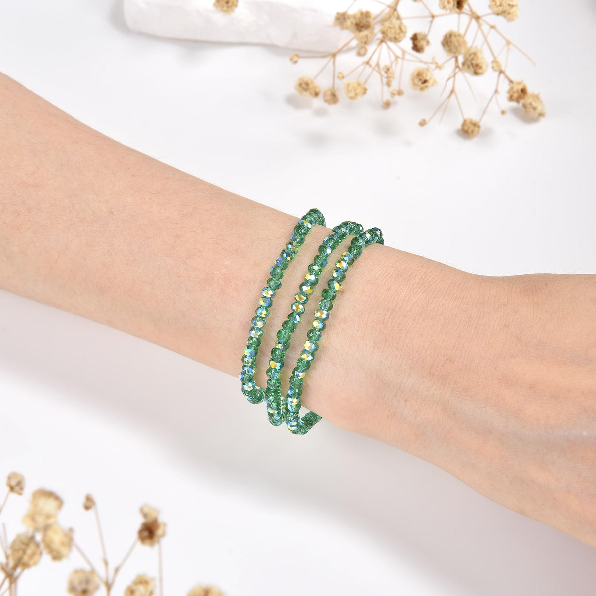 CHENSILAIYI Trendy Beaded Bracelets for Women and Girls - Boho Stacked Bead Jewelry Sets - Stretch Chakra Bracelet Pack (Green 4Pcs)