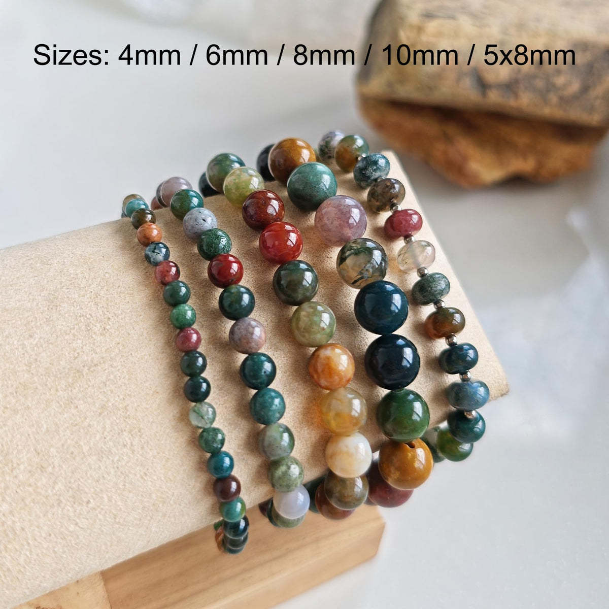 CHCCOYE 4mm Natural Healing Gemstone Bracelet Handmade Yoga Stretch Elastic Bracelet Stress Relief Crystal Jewelry for Men and Women (4mm, Indian Agate)