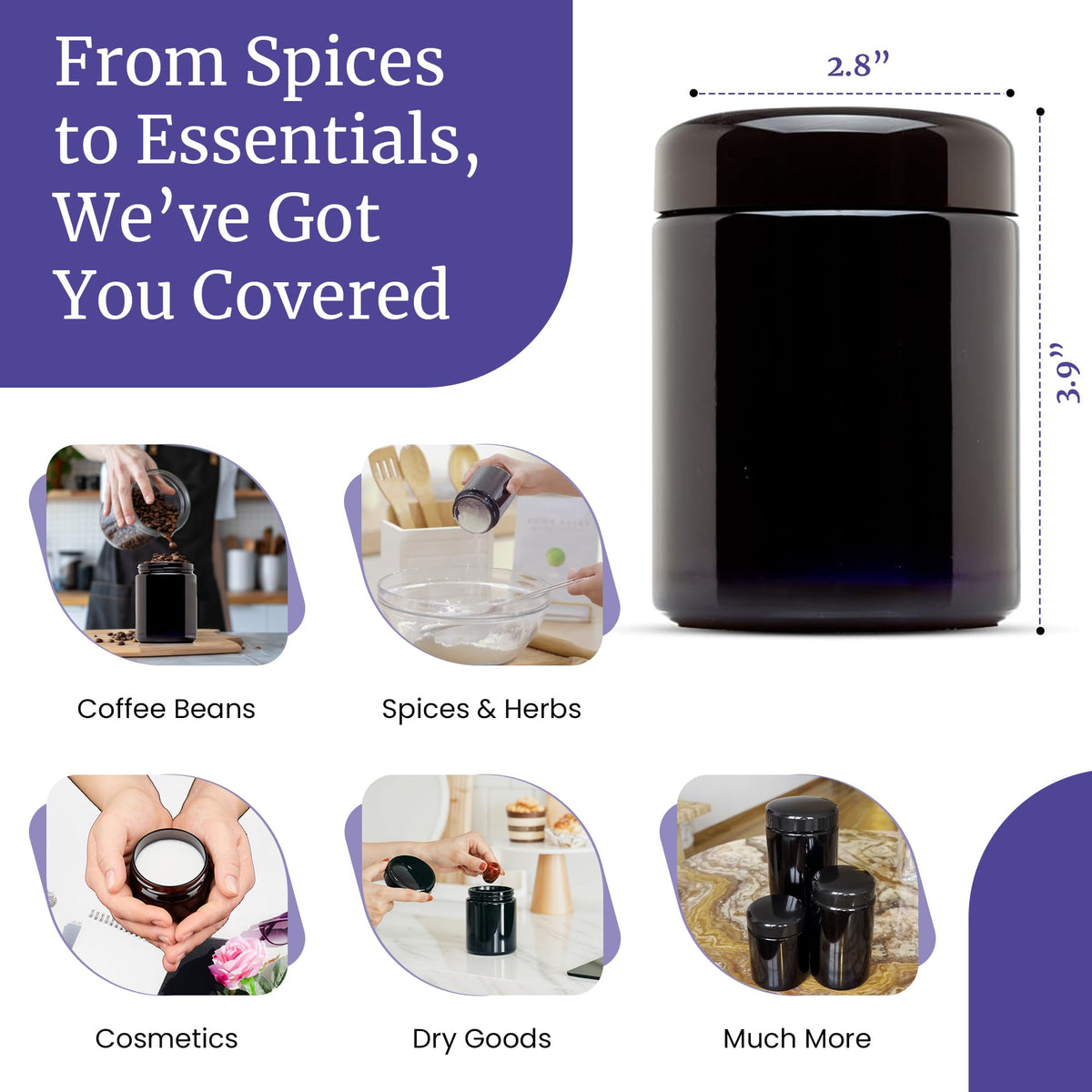 Infinity Jars 250 ml (8.3 fl oz) Tall Black Ultraviolet Refillable Empty Glass Screw Top Jar