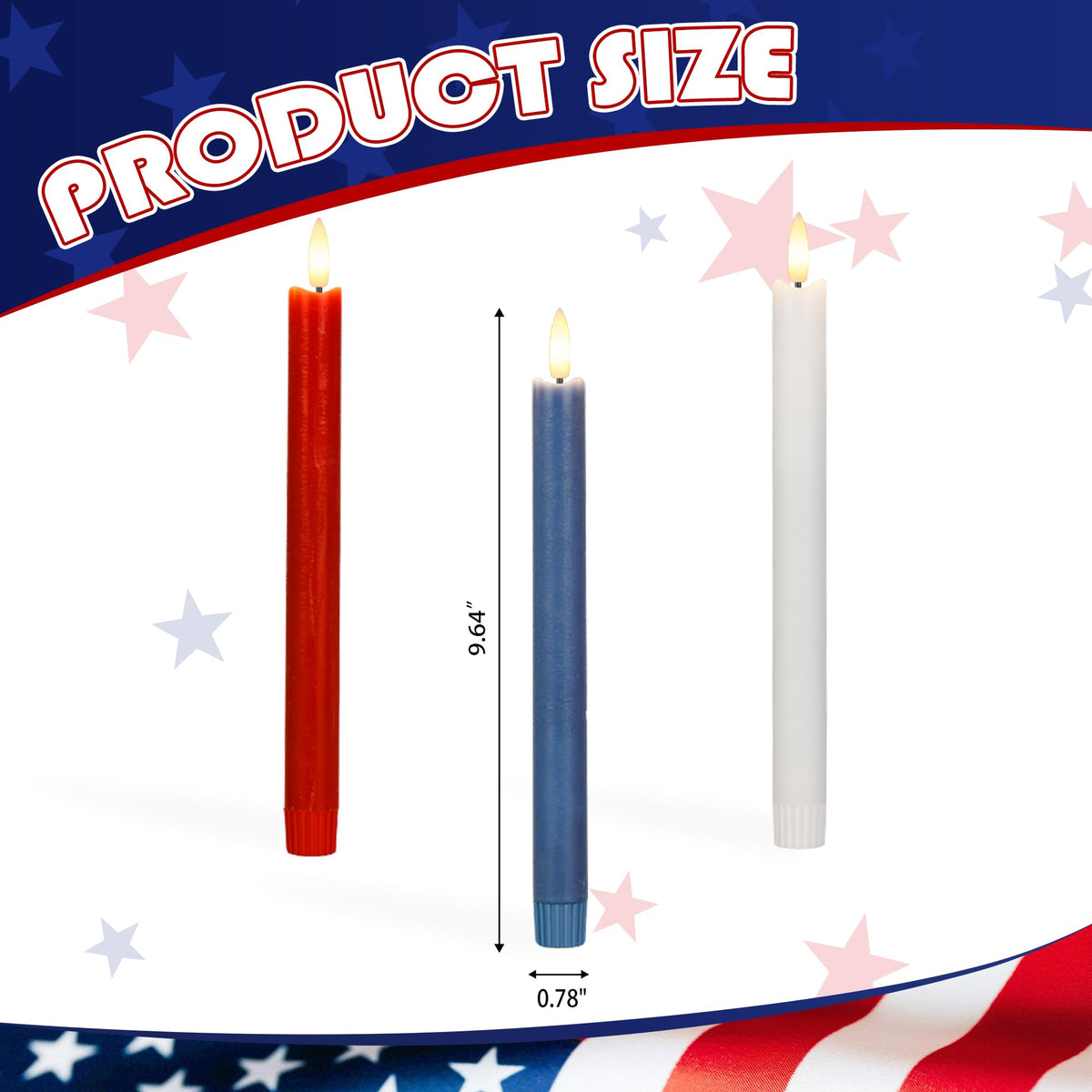 AFINETH Red White and Blue Flameless Taper Candles with Remote, 9.6" Real Wax Patriotic Flameless Candles, Battery Operated 4th of July Candlesticks, Flickering Independence Day Candle Decor, 3 Pack