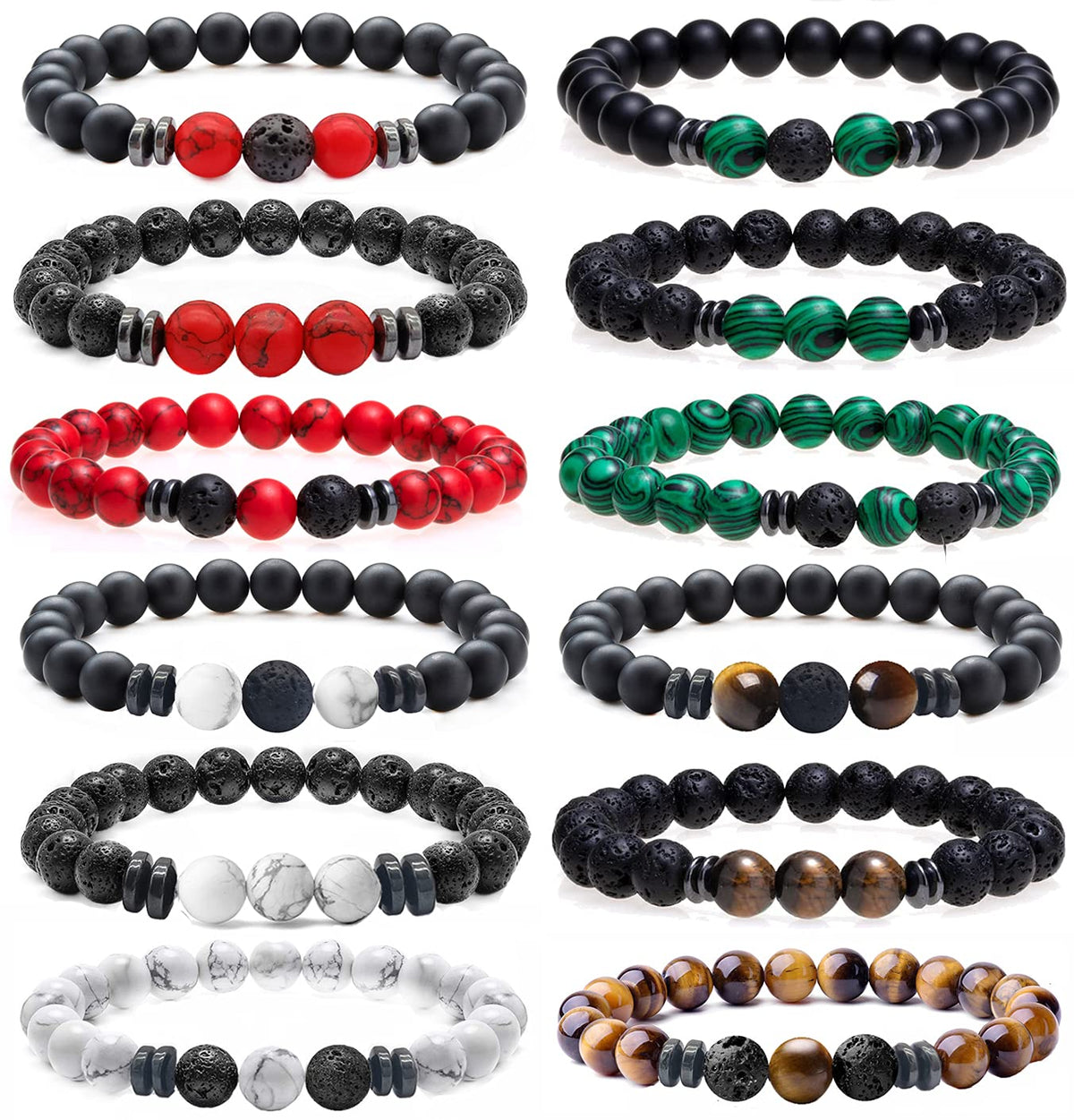 MOZAKA 12Pcs 8mm Natural Stone Lava Rock Beaded Bracelets for Men Women Tiger Eye Hematite Black Onyx Matte Beads Essential Oil Diffuser Lava Stone Bead Bracelets Bulk (12Pcs-B)