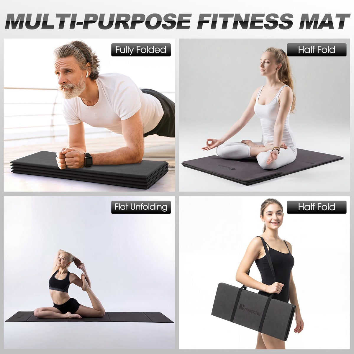 Nuanchu 3 Packs Foldable Yoga Mat Yoga Gift Non-slip Fitness Pilates Mats 6mm Thick with Strap Poe Material 69 x 24 x 0.24" Lightweight Multi-purpose Workout Mats for Exercise Home Travel(Black)