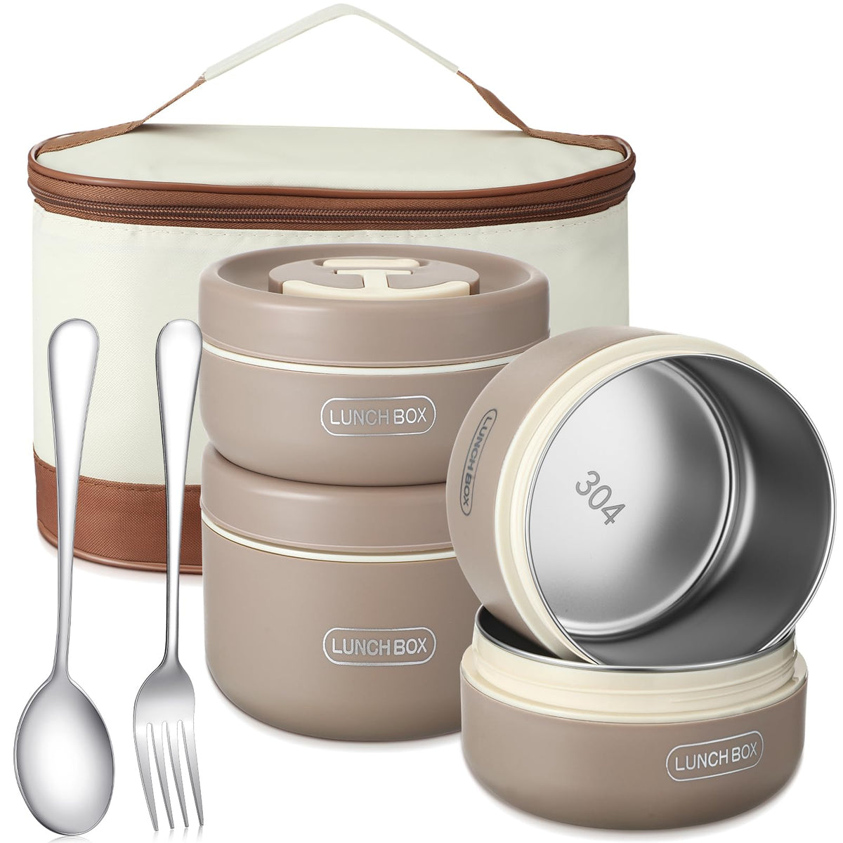 Dandat 4 Pcs Insulated Bento Box Portable Stainless Steel Food Container Round Stackable Leakproof Thermal Food Container for Adult Men Women with Insulated Bag, 74 oz(Khaki)