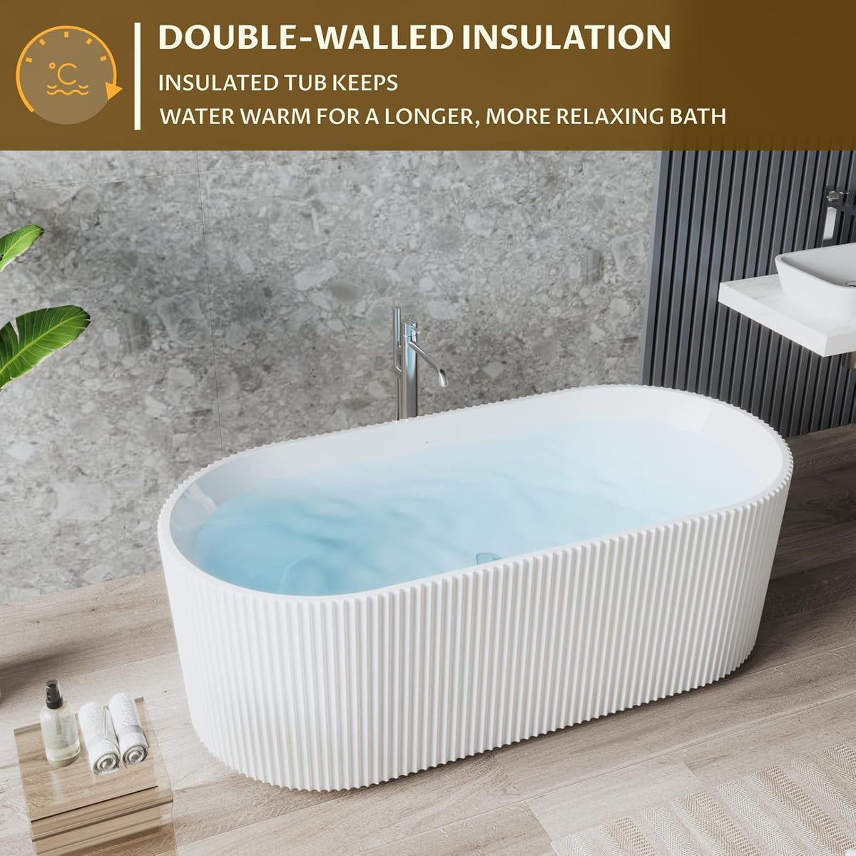 Garvee 67" Deep Soaking Bathtub, Non-Slip Acrylic Tub with Chrome Drain, CUPC Certified, Ergonomic Modern Bath for Bathrooms, Easy-Install, White Striped