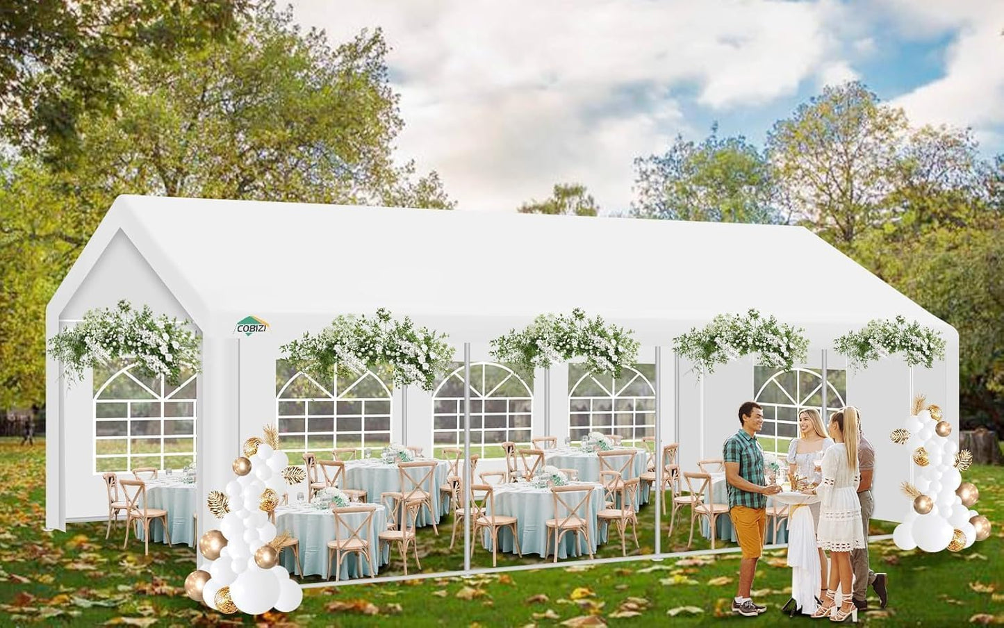 COBIZI 13x26 Outdoor Party Tent Heavy Duty Waterproof Canopy Shelter with 8 Sidewalls & 10 Church Windows, White Powder Coating, Built-in Sandbag Commercial Event Tents for Parties BBQ Patio Wedding