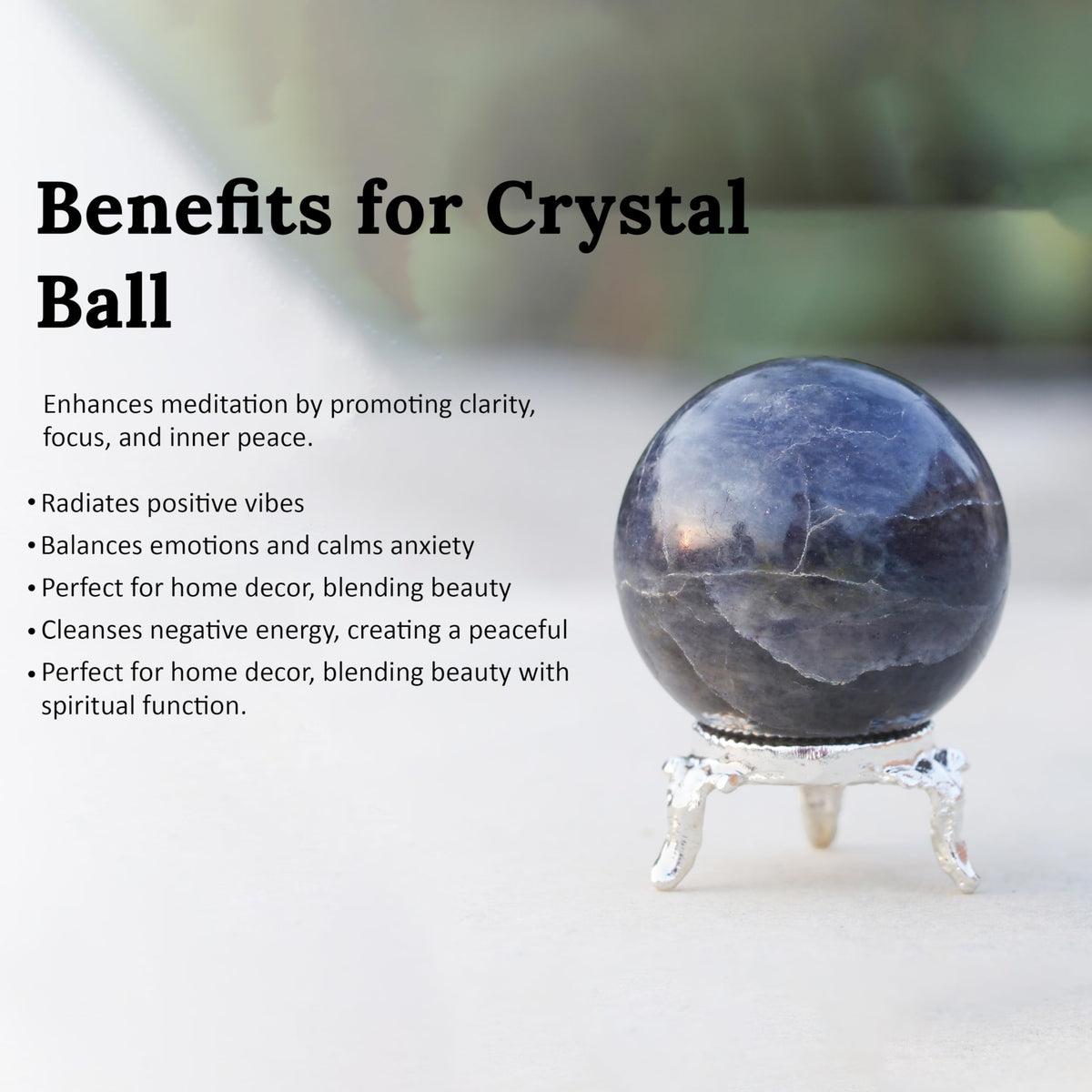 Crocon 45mm Iolite Stone Sphere Ball with Metal Stand 1400+ Carats Gemstone Ball Healing Sphere Sculpture Figurine for Fengshui Divination Home Decoration Photography Crystal Sphere