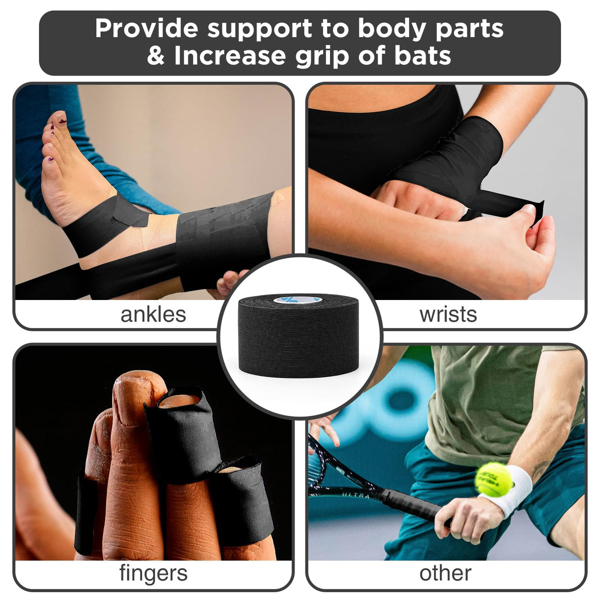 OK TAPE Athletic Sports Tape（4 Packs) Black- 32.8ft Per Roll Athletic Tape for Injuries,Strong Stick No Residue Athlete & Sport Trainers First Aid Injury Wrap, Hockey Stick