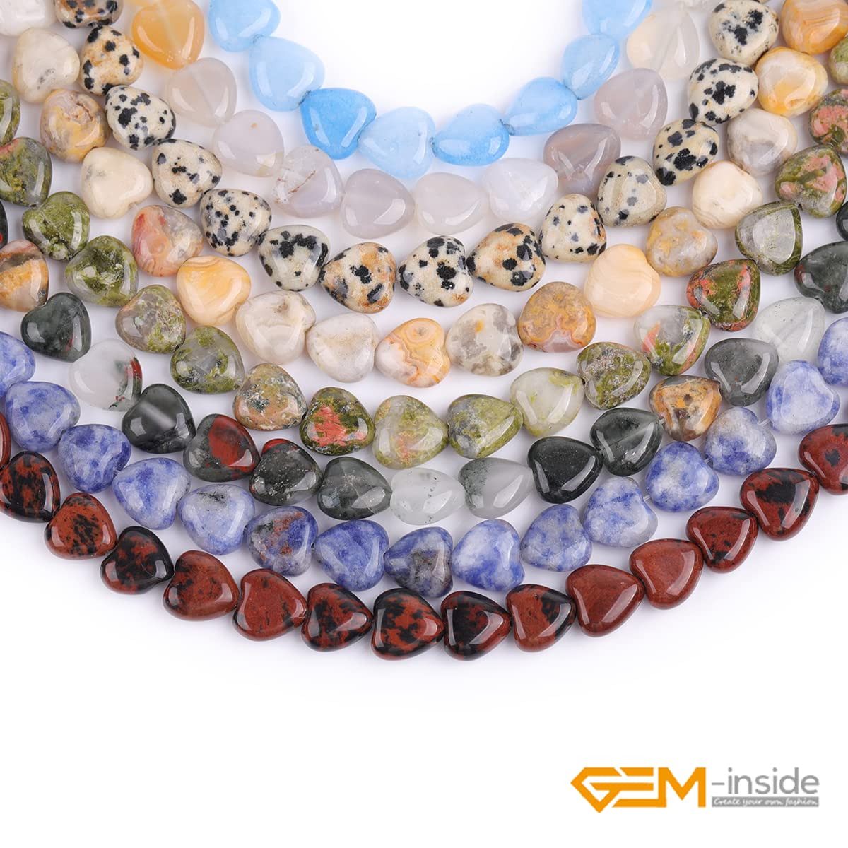 GEM-Inside 10mm Heart Charms Natural Black Obsidian Jasper Gemstone Stone Beads for Jewelry Making Full 15" Strand Power Energy Healing Chakra Stone Beads
