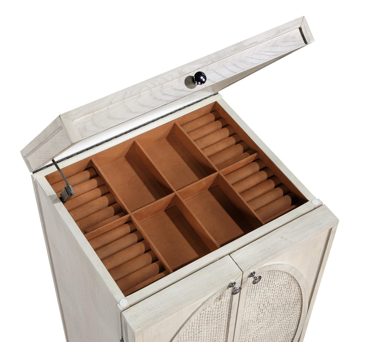 Deco 79 Wooden Geometric Washed Oval Rattan Front Armoire Jewelry 2 Door, 6 Drawer, and 32 Hook Cabinet with Mirrored Lift Top and Organizer Shelf, 20" x 18" x 47", Light Gray